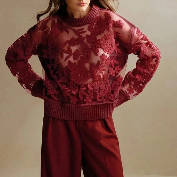 Burgundy Casual Women's Floral Pattern Round Neck Long Sleeve Knit Sweater - Picture 5 of 6